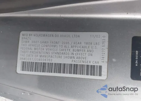 2003 Volkswagen Gti 1.8T from USA, damaged, VIN 9BWDE61J334036703